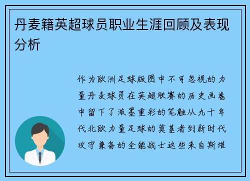 丹麦籍英超球员职业生涯回顾及表现分析
