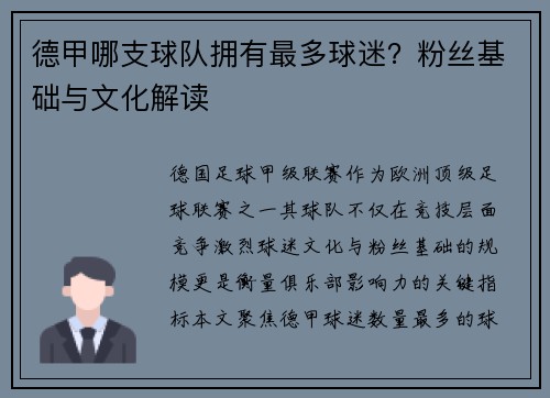 德甲哪支球队拥有最多球迷？粉丝基础与文化解读